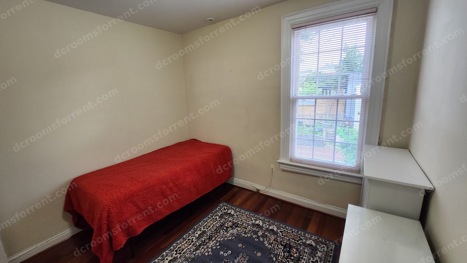 Joey Room with red bedspread, area rug, and white desk by the window.